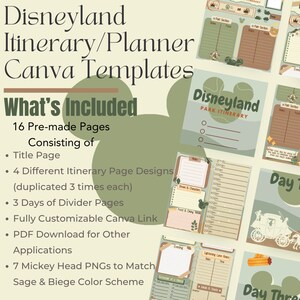 K&ouml;nnte beinhalten: Eine digitale druckbare Planervorlage f&uuml;r Disneyland mit einem Salbeigr&uuml;n- und Beigetonschema. Die Vorlage enth&auml;lt 16 vorgefertigte Seiten, 4 verschiedene Routenplanungs-Seitendesigns, 3 Tage mit Trennseiten, einen vollst&auml;ndig anpassbaren Canva-Link, einen PDF-Download f&uuml;r andere Anwendungen und 7 Mickey-Kopf-PNGs, die zum Farbschema passen.