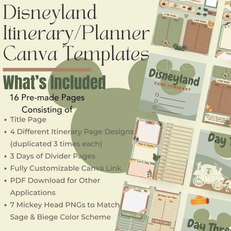 K&ouml;nnte beinhalten: Eine digitale druckbare Planervorlage f&uuml;r Disneyland mit einem Salbeigr&uuml;n- und Beigetonschema. Die Vorlage enth&auml;lt 16 vorgefertigte Seiten, 4 verschiedene Routenplanungs-Seitendesigns, 3 Tage mit Trennseiten, einen vollst&auml;ndig anpassbaren Canva-Link, einen PDF-Download f&uuml;r andere Anwendungen und 7 Mickey-Kopf-PNGs, die zum Farbschema passen.