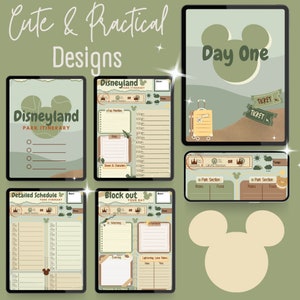 K&ouml;nnte beinhalten: Ein Satz druckbarer digitaler Planerseiten f&uuml;r einen Disneyland-Trip. Die Seiten sind in einem gr&uuml;n-braunen Farbschema mit einer Mickey-Maus-Silhouette und dem Text "Disneyland Park Itinerary", "Day One", "Detailed Schedule", "Block out Your Day", "Top Priorities", "Rides", "Shows & Characters", "Park Section", "Rides", "Food", "Ticket", "Ticket", "Morning", "Afternoon", "Evening", "Lightning Lane Rides", "Ride", "Time" gestaltet.