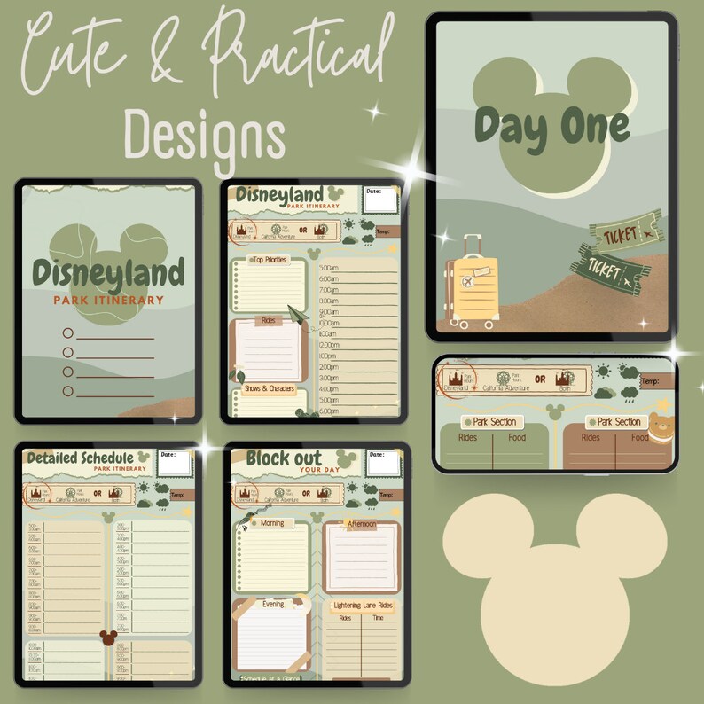 K&ouml;nnte beinhalten: Ein Satz druckbarer digitaler Planerseiten f&uuml;r einen Disneyland-Trip. Die Seiten sind in einem gr&uuml;n-braunen Farbschema mit einer Mickey-Maus-Silhouette und dem Text "Disneyland Park Itinerary", "Day One", "Detailed Schedule", "Block out Your Day", "Top Priorities", "Rides", "Shows & Characters", "Park Section", "Rides", "Food", "Ticket", "Ticket", "Morning", "Afternoon", "Evening", "Lightning Lane Rides", "Ride", "Time" gestaltet.