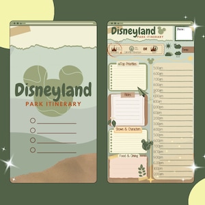 K&ouml;nnte beinhalten: Ein druckbarer Disneyland-Park-Reiseplaner mit einem gr&uuml;n-braunen Farbschema. Der Planer enth&auml;lt Abschnitte f&uuml;r Top-Priorit&auml;ten, Fahrgesch&auml;fte, Shows und Charaktere sowie Essen und Trinken. Der Planer enth&auml;lt auch einen Platz f&uuml;r Datum und Temperatur.