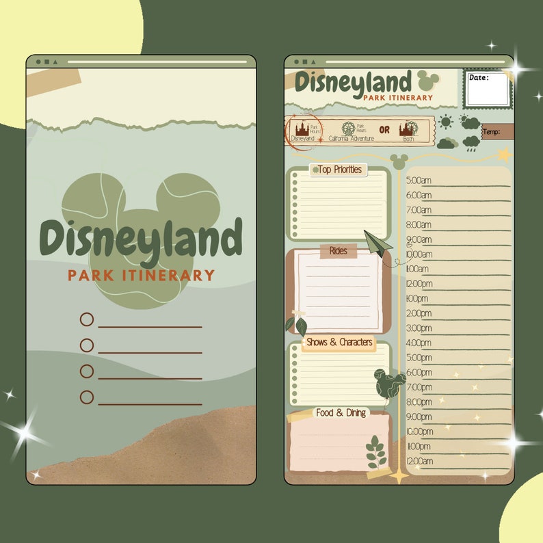 K&ouml;nnte beinhalten: Ein druckbarer Disneyland-Park-Reiseplaner mit einem gr&uuml;n-braunen Farbschema. Der Planer enth&auml;lt Abschnitte f&uuml;r Top-Priorit&auml;ten, Fahrgesch&auml;fte, Shows und Charaktere sowie Essen und Trinken. Der Planer enth&auml;lt auch einen Platz f&uuml;r Datum und Temperatur.