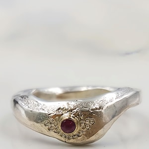 Hand Forged Sterling Silver Ring | Molten Texture, Ruby & 14k Gold - Size F1/2