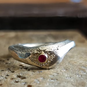 Hand Forged Sterling Silver Ring | Molten Texture, Ruby & 14k Gold - Size F1/2