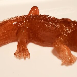 May include: A brown, translucent alligator figurine with a textured surface and an open mouth.
