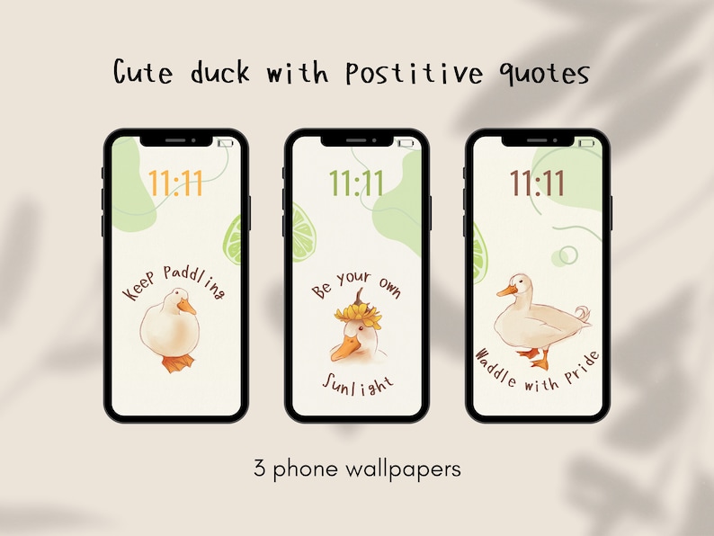 Cute duck phone wallpaper Hand drawn Beige and green Positive quotes iPhone lockscreen Homescreen theme Animal Instant download image 1