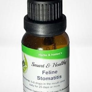 May include: A brown glass bottle with a black dropper top. The label reads "Smart & Healthy Feline Stomatitis" and includes instructions for use. Herbs & homeo's is printed at the top of the label.