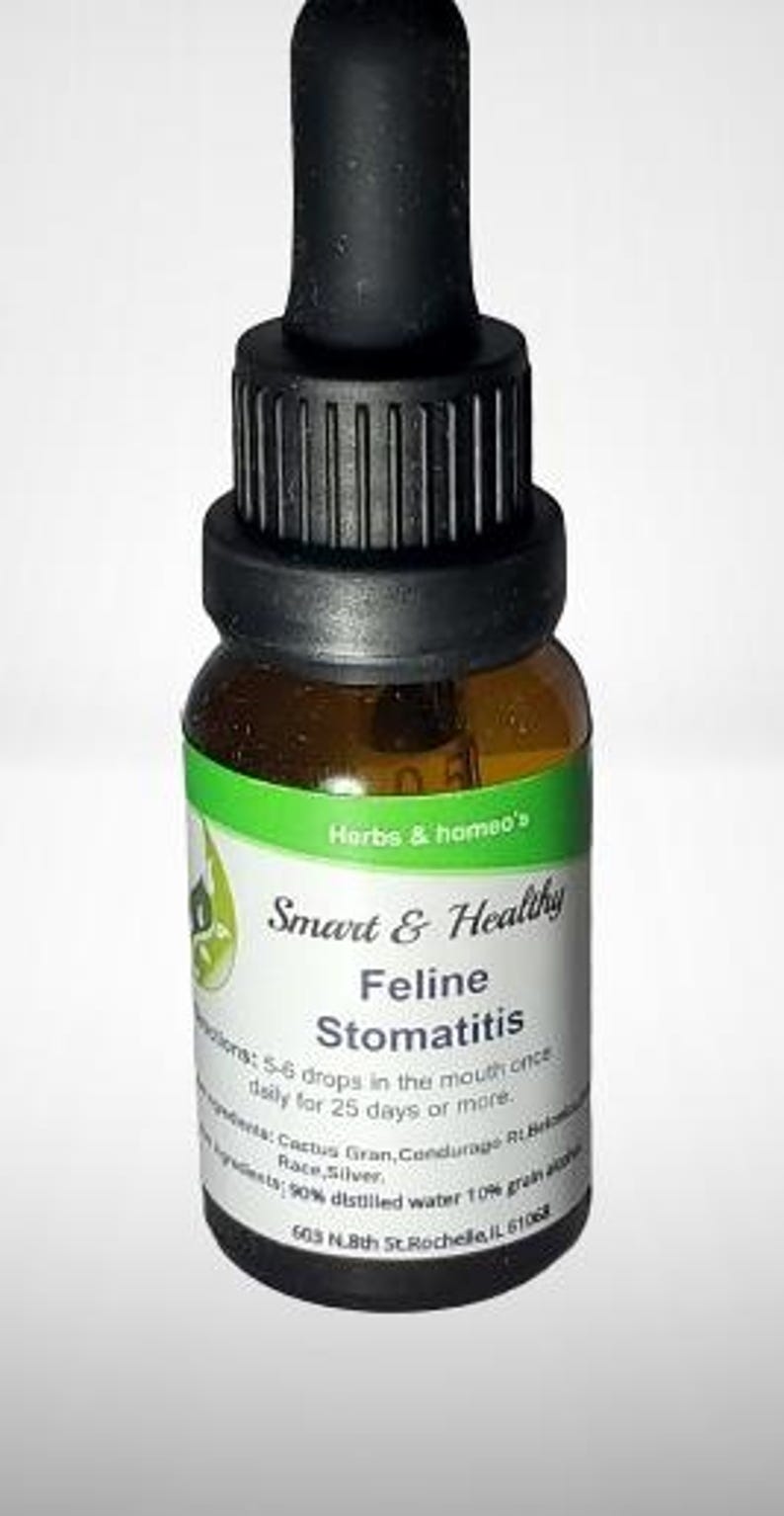May include: A brown glass bottle with a black dropper top. The label reads "Smart & Healthy Feline Stomatitis" and includes instructions for use. Herbs & homeo's is printed at the top of the label.