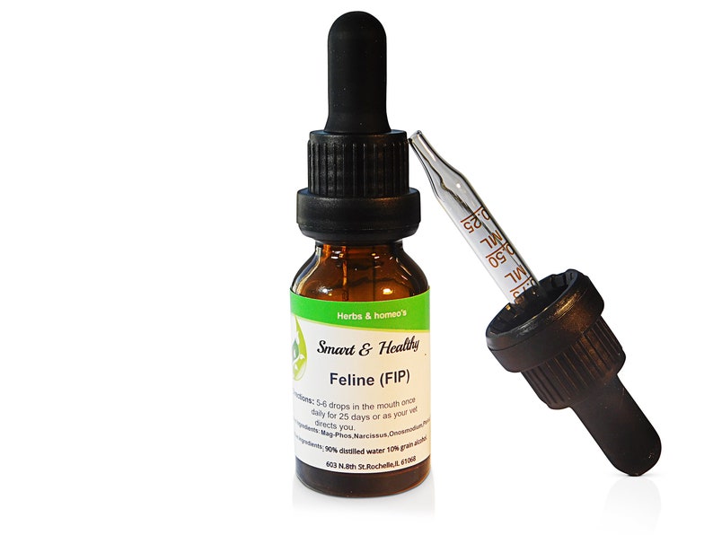 May include: A brown glass bottle with a black dropper cap and a green label that reads "Smart & Healthy Feline (FIP)". The label also includes instructions for use and ingredients.