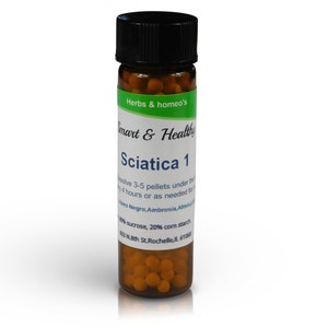 May include: A small amber glass bottle with a black lid filled with small round yellow pellets. The label reads "Herbs & homeo's Smart & Healthy Sciatica 1 Dissolve 3-5 pellets under the tongue every 4 hours or as needed for relief.  Alnus Negro, Ambrosia Almus L. 100% sucrose, 20% corn starch 103 NB 8th St. Rochelle, IL 61068"