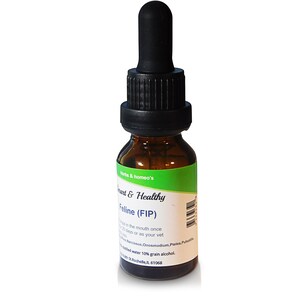May include: A small brown glass bottle with a black dropper top. The label is green and white and reads "& Healthy Feline (FIP)".