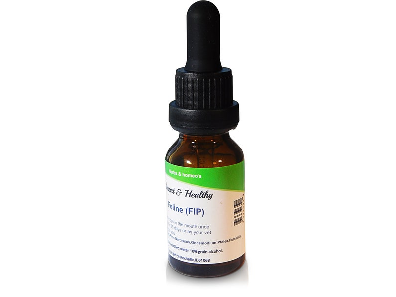 May include: A small brown glass bottle with a black dropper top. The label is green and white and reads "& Healthy Feline (FIP)".