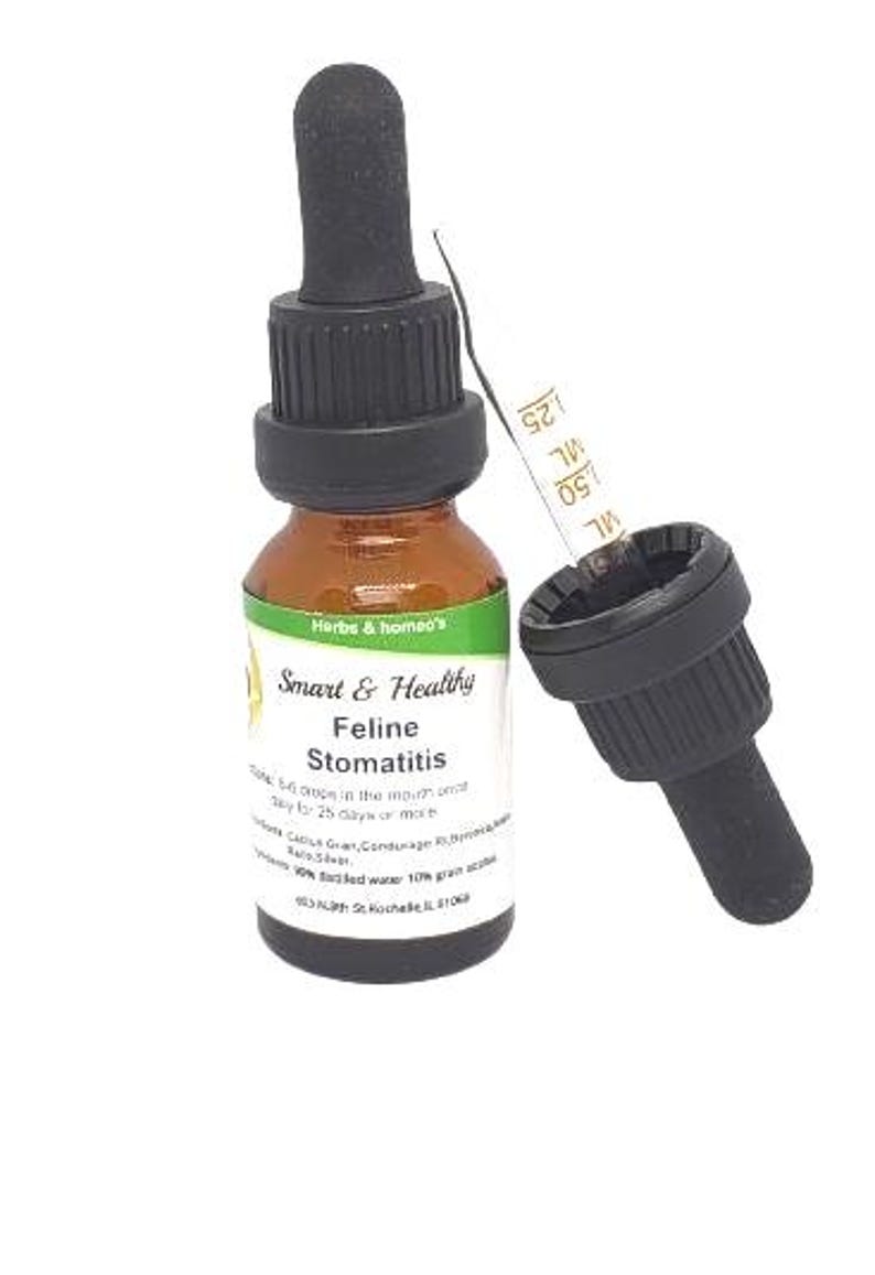 May include: A brown glass bottle with a dropper filled with a clear liquid. The bottle is labeled "Smart & Healthy Feline Stomatitis".