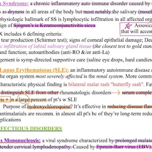 May include: A medical document with text detailing Sjögren's Syndrome, Systemic Lupus Erythematosus (SLE), and Infectious Mononucleosis. The text includes clinical DX criteria, lab tests, and treatment options for each condition. The document is in black text on a white background.