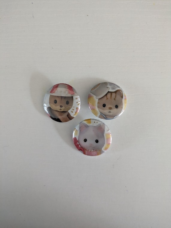 Sylvanian Families Badges | Sylvian Family Tea Cup Cat, White and Grey Cat and Chipmunk