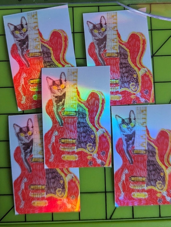 5 Holographic Black Cat Stickers (Bonnie and her guitar)