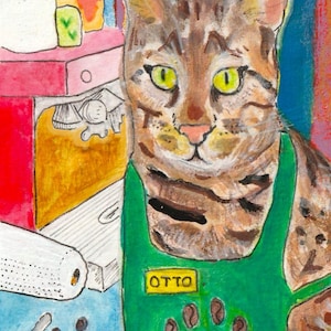 Otto Marriott Barista Cat Print: Cat Cafe Art, Stickers, Badge