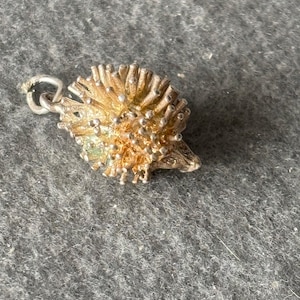 May include: Silver charm in the shape of a hedgehog with a textured, spiky design. The charm has a loop for attaching to a bracelet or necklace.