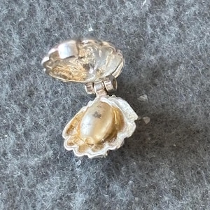 May include: A silver charm in the shape of an open clam shell with a pearl inside. The charm is detailed with a textured surface and a hinge.