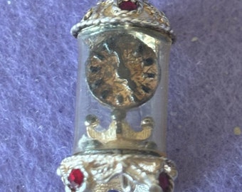 Nuvo Vintage Sterling Silver 925 Charm Pendant. Ornate Carriage Clock Red Set Gemstone.