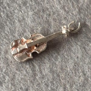 Può includere: Un piccolo ciondolo in metallo color argento a forma di violino. Il ciondolo presenta un corpo dettagliato con ponticello, un manico lungo e un piccolo anellino circolare fissato sulla parte superiore per appenderlo. La superficie è testurizzata.