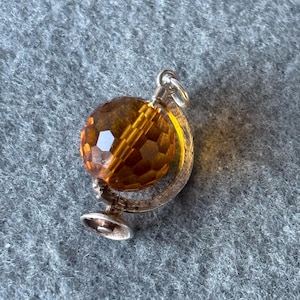 Vintage Sterling Silver 925 Charm Pendant. Stunning Rotating Articulated / Mechanical Orange Crystal Globe.