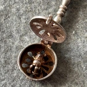 May include: A silver-toned pendant with a hinged, openwork lid revealing a small, detailed figure. The pendant has a handle and a circular design with a floral pattern. The figure inside appears to be a small insect or creature.