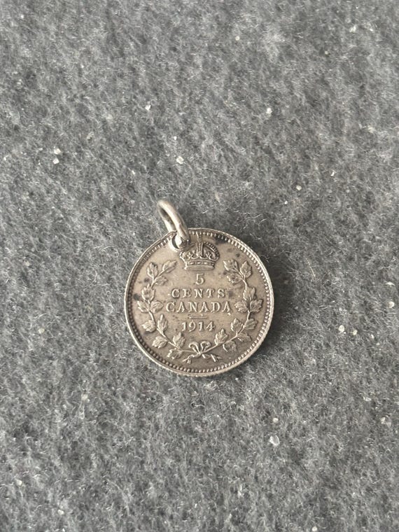 Vintage Silver Charm Pendant. Five Cent Piece 5c Canada Coin 1914 
