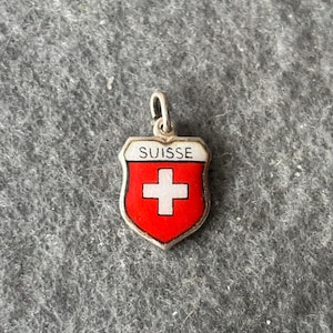 Vintage Silver 800 Charm Pendant. Enamelled Travel Shield. Suisse, Switzerland.