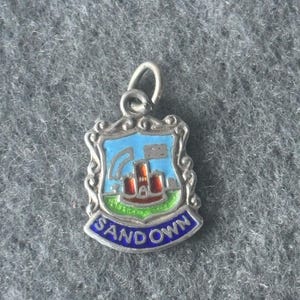 Vintage Sterling Silver 925 Charm Pendant. Enamelled Travel Shield. Sandown, Isle of Wight UK