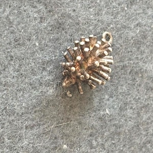 May include: Silver charm in the shape of a spiky, round, abstract design. The charm has a loop at the top for attaching to a bracelet or necklace.