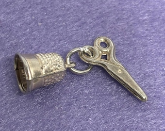 Vintage Sterling Silver 925 Charm Pendant. Thimble and Scissors Seamstress.