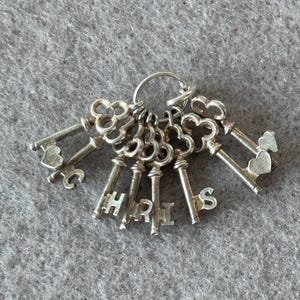 以下が含まれることがあります： 銀色の鍵のコレクションがリングに繋がれています。鍵には装飾的な上部があり、一部はハート型です。いくつかの鍵には「C」、「H」、「R」、「I」、「S」の文字が刻まれています。鍵は灰色の表面に配置されています。