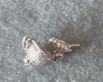 Vintage Sterling Silver 925 Charm Pendant. Articulated / Mechanical Bird perching on a Coconut Bird Bath / Feeder. Bird Moves.