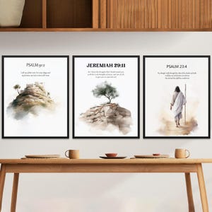 Set van 3 bijbelversafdrukken, christelijke muurkunst, Psalm 91 2, Jeremia 29 11, Psalm 23 4, portret van Jezus, kunst aan de muur Jezus, psalm 23:4 muurkunst