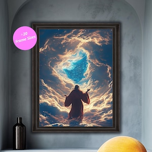 Op de afbeelding: Ingelijste kunstdruk met een figuur in een rode jurk met opgeheven armen, tegen een achtergrond van wervelende wolken en een helderblauwe lucht. Het kunstwerk is ingelijst in een donkere houten lijst. Een roze cirkel met de tekst "+20 Frame Sizes" staat linksboven.