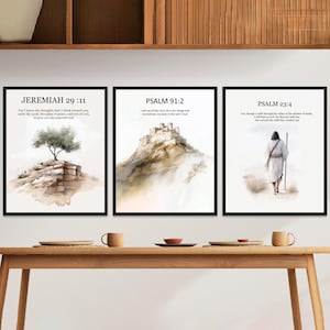 Bijbelse schrift muurkunst set, Jeremia 29, psalm 91, psalm 23 prenten, christelijke decoratie, portret van Jezus, kunst aan de muur Jezus, Jezus teken
