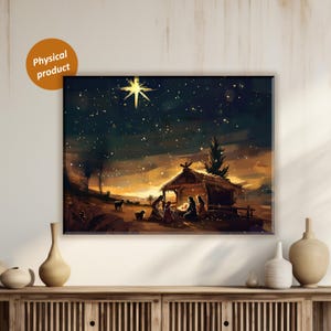 Arte de pared en lienzo, Estrella de Belén de la Natividad de Navidad, Decoración de la Sagrada Familia, Pintura del nacimiento de Jesús, Decoración navideña cristiana, Arte de pared festivo,