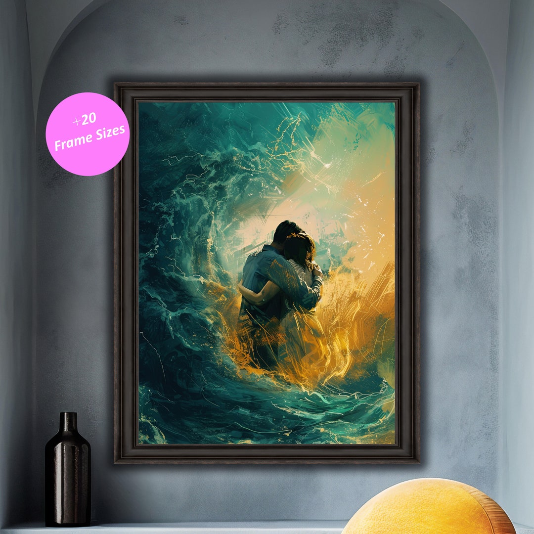 Abstract Couple Hugging Ocean Waves Art, Modern Romantic Digital Print ...