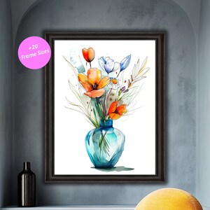 Impresión digital de ramo floral en acuarela, jarrón de flores colorido, decoración de pared, descarga de pintura botánica, póster de decoración del hogar