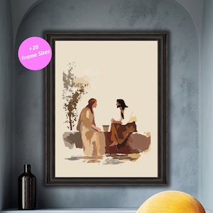 Samaritan Woman & Jesus Print, Abstract Christian Wall Art, Inspirational Bible Art Download