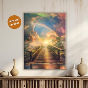 May include: A wooden bridge leading to a rainbow in the sky. The bridge is surrounded by green grass and trees. The sky is a vibrant blue with white clouds. The rainbow is a bright and colorful arc.