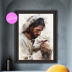 Jesus Holding Lamb Wall Art Pictures of Jesus and Lamb Digital Download Prints of Christ Embracing the Lamb Religious poster
