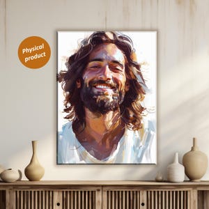 Toile portrait de Jésus souriant : impression d&#39;art déco chrétienne