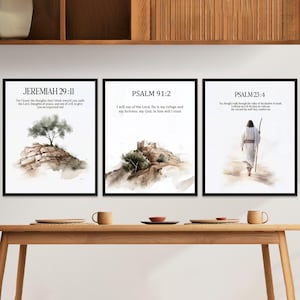Set van 3 bijbelvers, Psalm 23 4, Jeremia 29 11, Psalm 91 2, Jezus schilderij, afdrukken, portret van Jezus, kunst aan de muur Jezus en inspirerende citaten