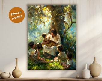 Puede incluir: Una pintura de Jesús rodeado de niños en un entorno de bosque. Jesús lleva una túnica blanca y sostiene a un niño pequeño en sus brazos. Los niños miran a Jesús con adoración. La pintura está llena de colores cálidos y luz, creando una sensación de paz y alegría.