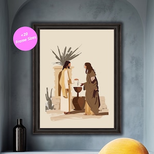 Samaritan Woman Meeting Jesus Wall Art, Religious Digital Print, Christian Home Decor, Bible Story Illustration