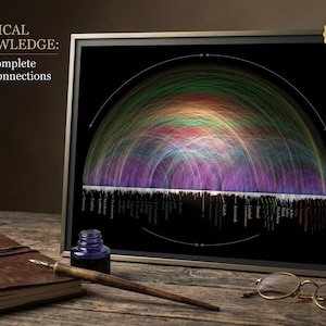 May include: A framed print with the text "BIBLICAL KNOWLEDGE: The Complete Interconnections" features a colourful, arched diagram. A leather-bound journal, inkwell, and pen rest on a wooden surface. Gold-rimmed spectacles are also present.