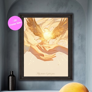 Stampa artistica digitale ispiratrice, opera d'arte raffigurante una colomba luminosa, decorazione murale spirituale, download digitale edificante, illustrazione di un'offerta di pace