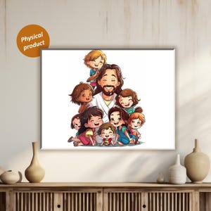 Jesus with Children Art Print, Matte Canvas Wall Decor, Religious Nursery Picture, Stretched Jesus Drawing, 0.75&quot; Multi-Size, Christian Gift